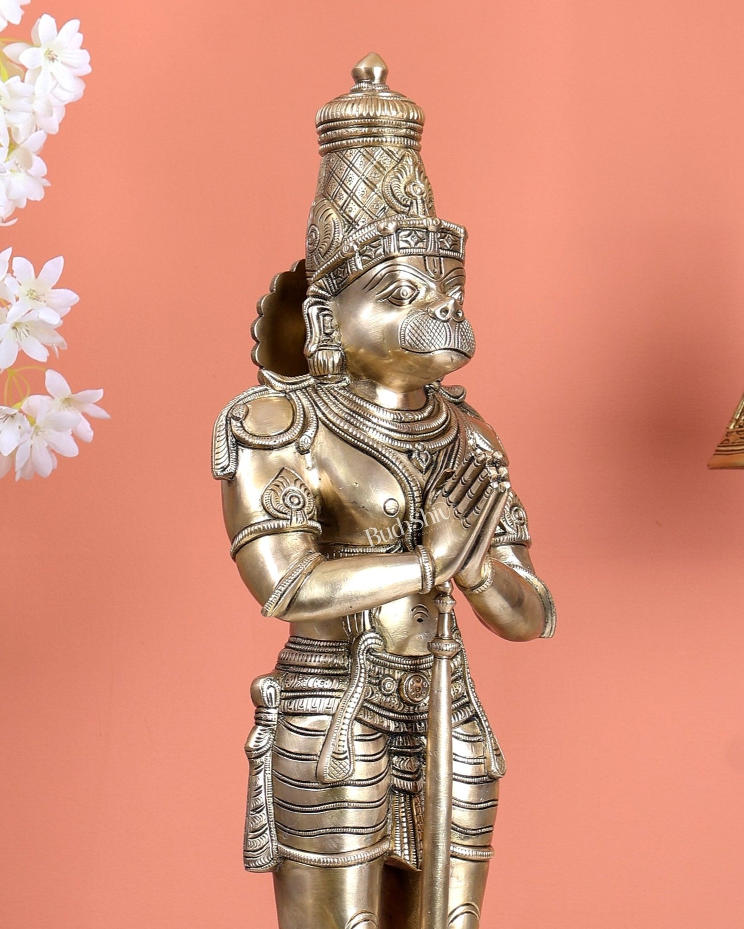 Chola Inspired Brass Standing Hanuman Statue – Anjali Mudra Divine Sculpture (24 Inches) matte gold tone - Budhshiv.com
