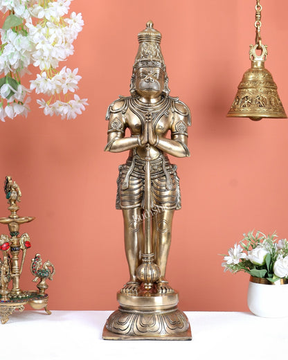Chola Inspired Brass Standing Hanuman Statue – Anjali Mudra Divine Sculpture (24 Inches) matte gold tone - Budhshiv.com