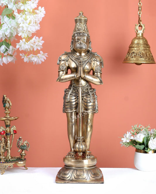 Chola Inspired Brass Standing Hanuman Statue – Anjali Mudra Divine Sculpture (24 Inches) matte gold tone - Budhshiv.com