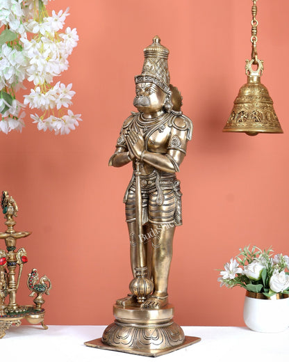 Chola Inspired Brass Standing Hanuman Statue – Anjali Mudra Divine Sculpture (24 Inches) matte gold tone - Budhshiv.com