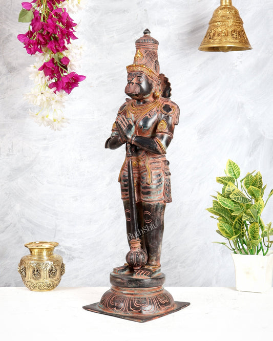 Chola Inspired Brass Standing Hanuman Statue – Anjali Mudra Divine Sculpture (24 Inches) Sand finish - Budhshiv.com