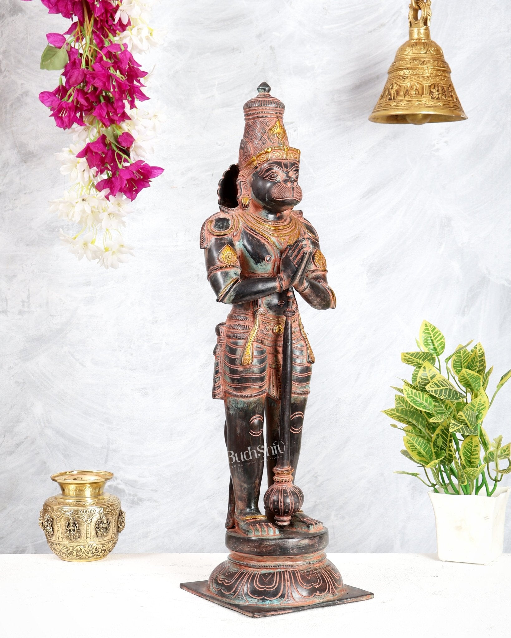 Chola Inspired Brass Standing Hanuman Statue – Anjali Mudra Divine Sculpture (24 Inches) Sand finish - Budhshiv.com