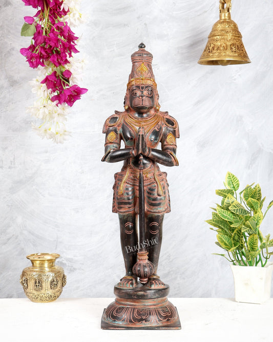 Chola Inspired Brass Standing Hanuman Statue – Anjali Mudra Divine Sculpture (24 Inches) Sand finish - Budhshiv.com