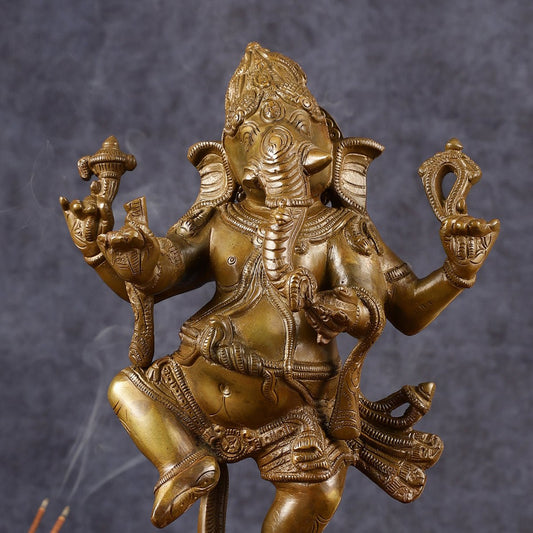 Chola - Inspired Dancing Ganapati Brass Statue | Nritya Ganesha | Height: 13 inch - Budhshiv.com