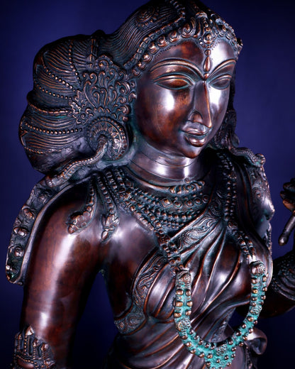 Chola Style Apsara Holding a Mirror – Large Vintage Finish Sculpture 50 inch - Budhshiv.com