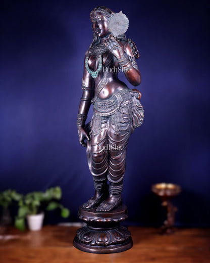 Chola Style Apsara Holding a Mirror – Large Vintage Finish Sculpture 50 inch - Budhshiv.com