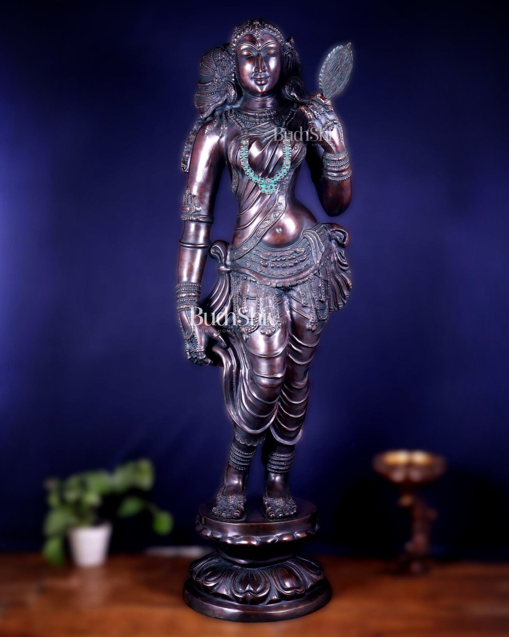 Chola Style Apsara Holding a Mirror – Large Vintage Finish Sculpture 50 inch - Budhshiv.com