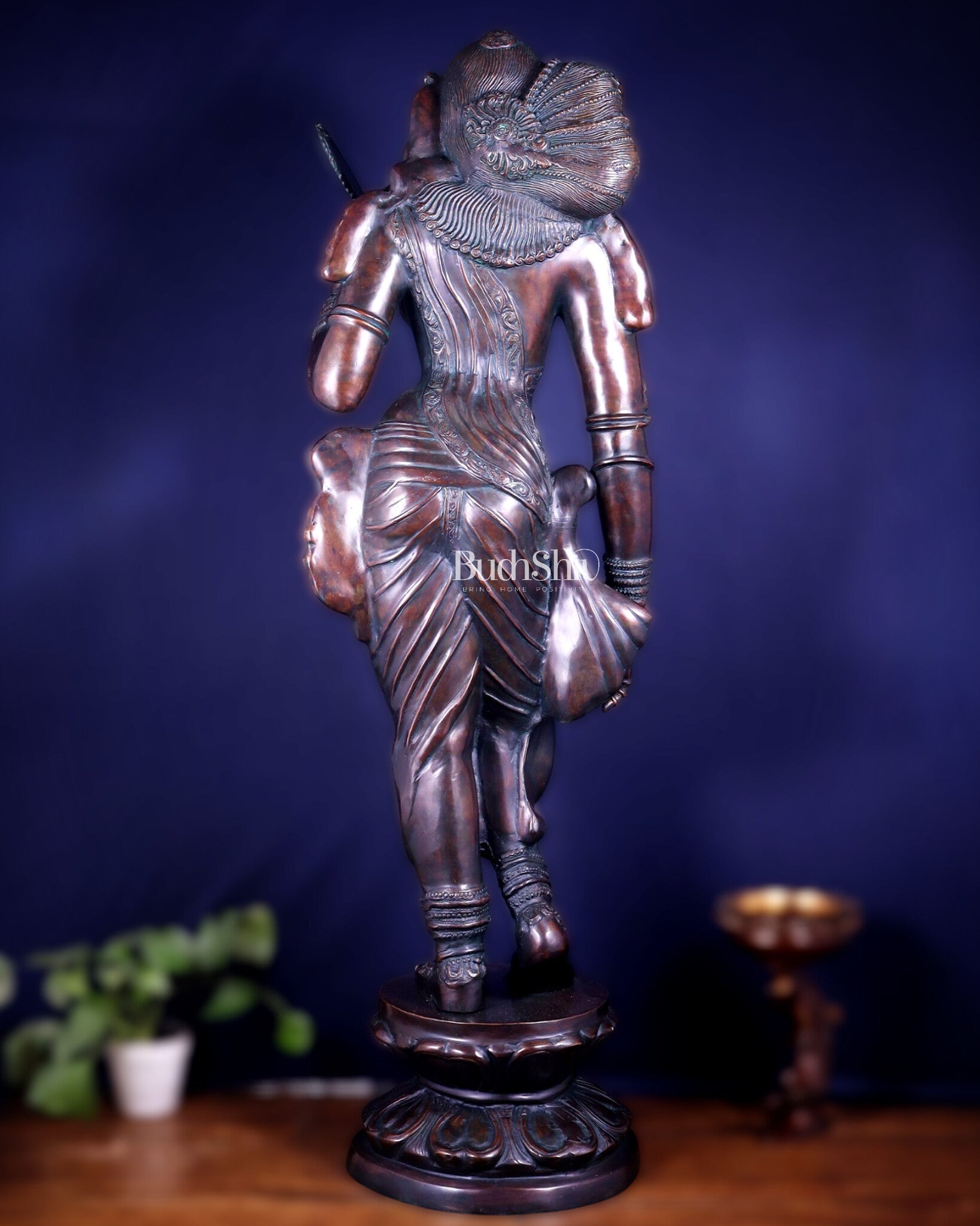Chola Style Apsara Holding a Mirror – Large Vintage Finish Sculpture 50 inch - Budhshiv.com