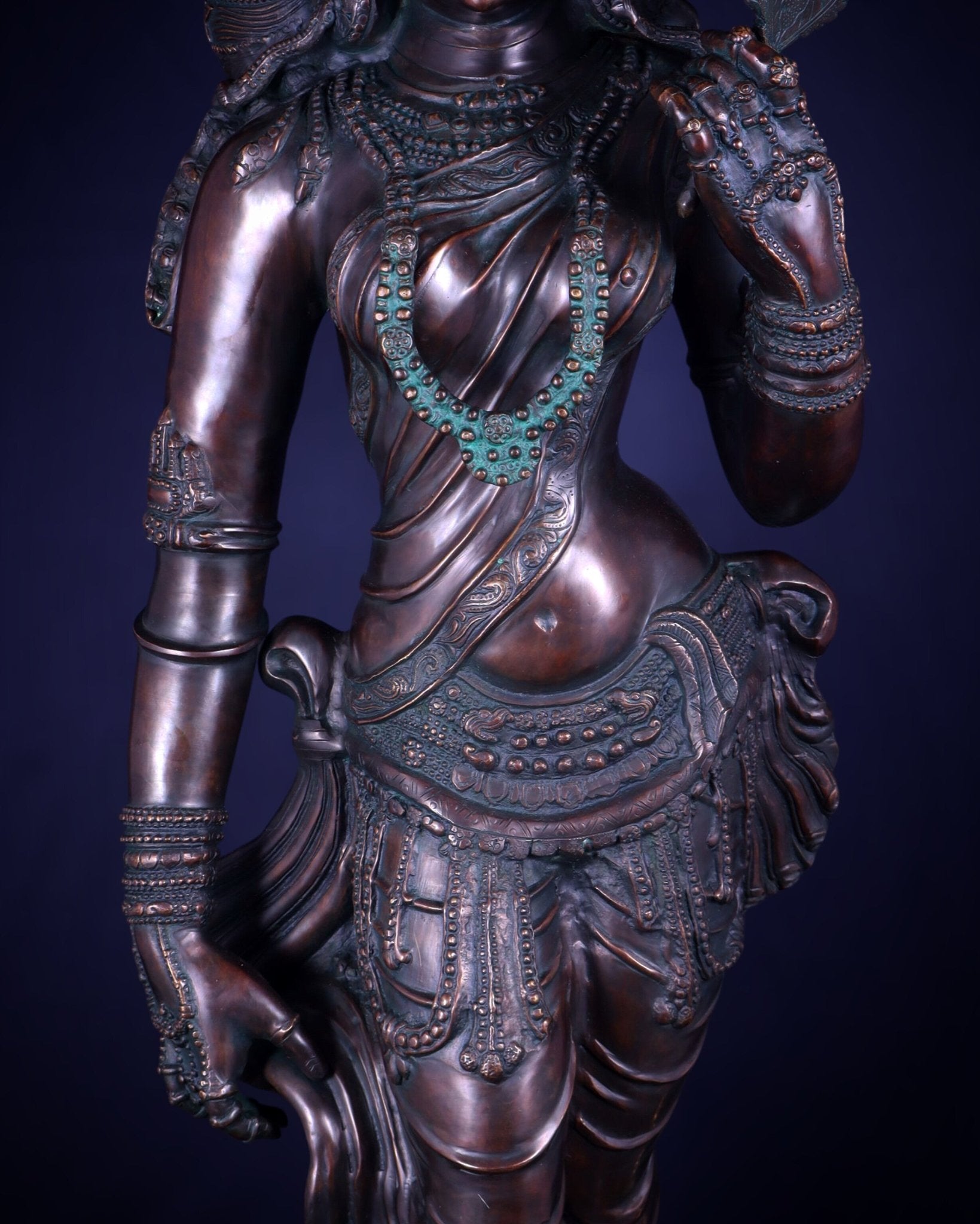 Chola Style Apsara Holding a Mirror – Large Vintage Finish Sculpture 50 inch - Budhshiv.com