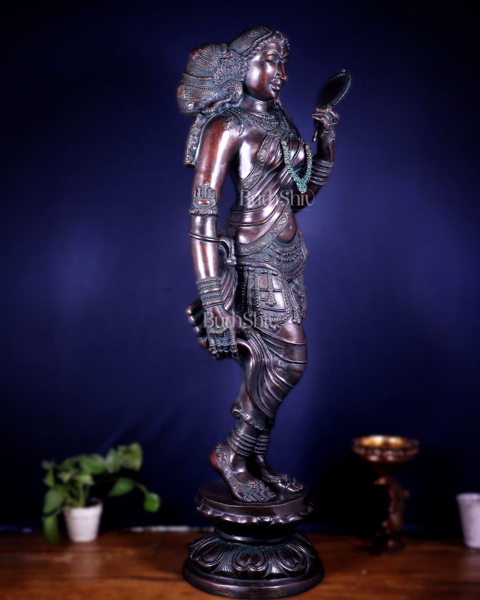 Chola Style Apsara Holding a Mirror – Large Vintage Finish Sculpture 50 inch - Budhshiv.com
