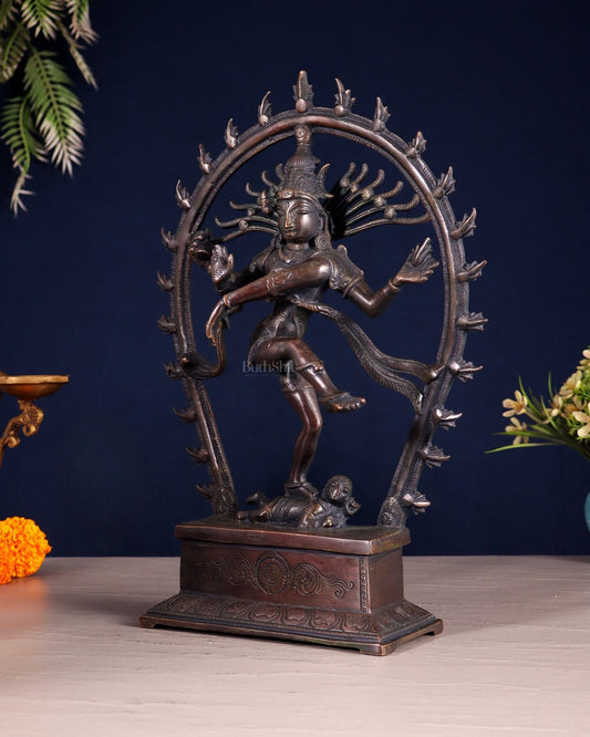 Chola Style Brass Nataraja Statue – Vintage Tone | 12" right leg up - Budhshiv.com