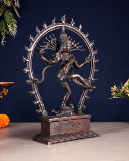 Chola Style Brass Nataraja Statue – Vintage Tone | 12" right leg up - Budhshiv.com