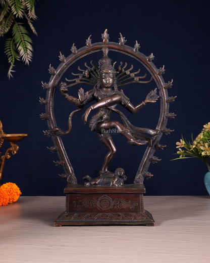 Chola Style Brass Nataraja Statue – Vintage Tone | 12" right leg up - Budhshiv.com