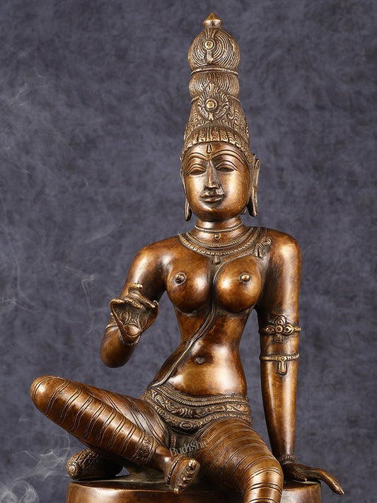 Chola Style Brass Seated Parvati Uma Devi Sculpture | Height: 20.5 inch - Budhshiv.com