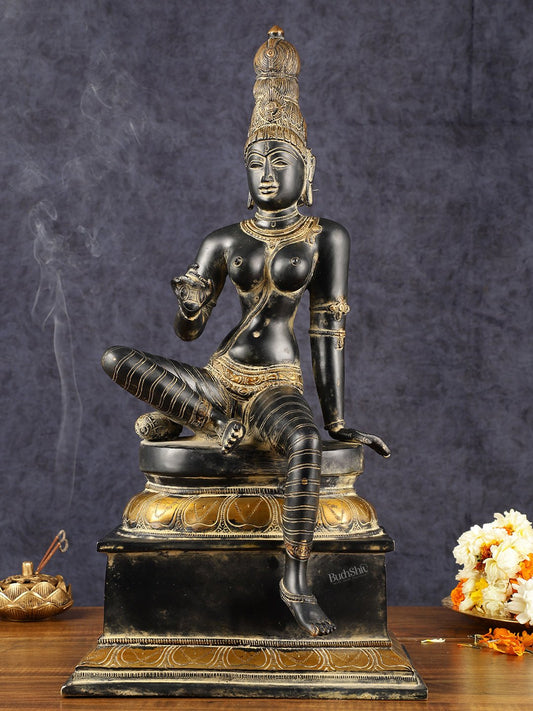 Chola Style Brass Seated Parvati Uma Devi Sculpture | Height: 20.5 inch - Budhshiv.com