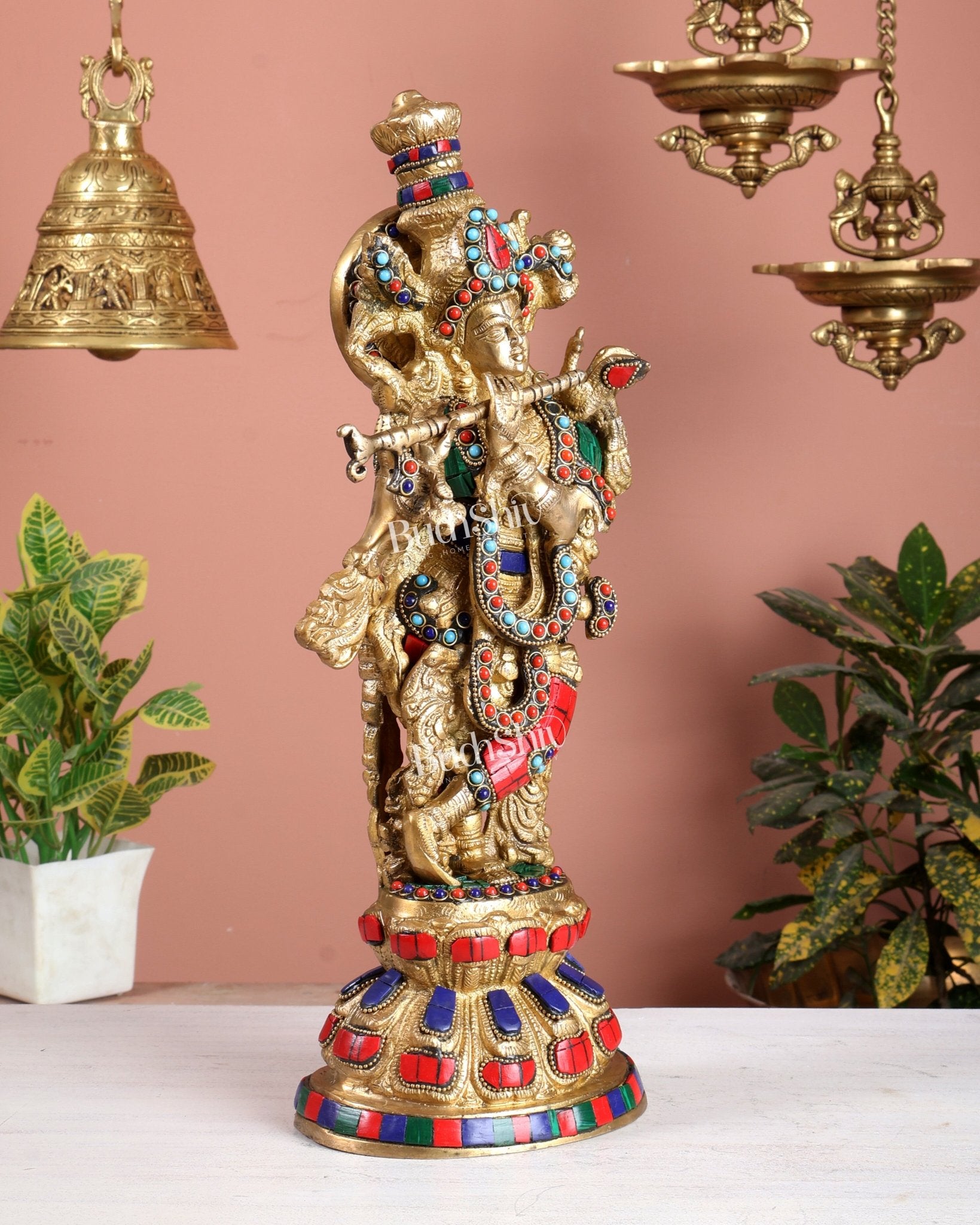 Colourful Brass Krishna Idol with Stonework - 15" - Budhshiv.com