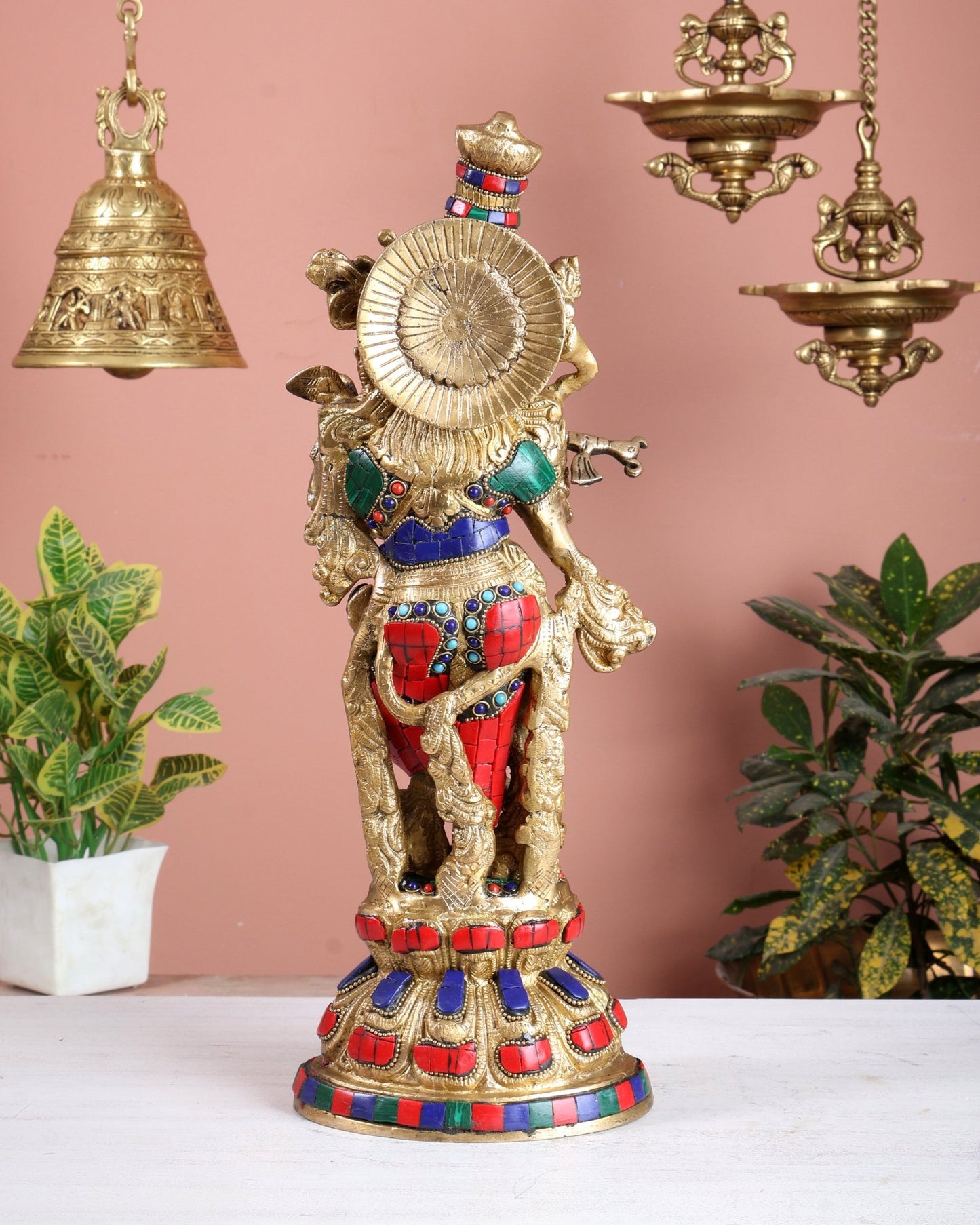 Colourful Brass Krishna Idol with Stonework - 15" - Budhshiv.com