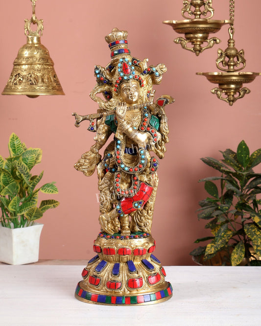 Colourful Brass Krishna Idol with Stonework - 15" - Budhshiv.com