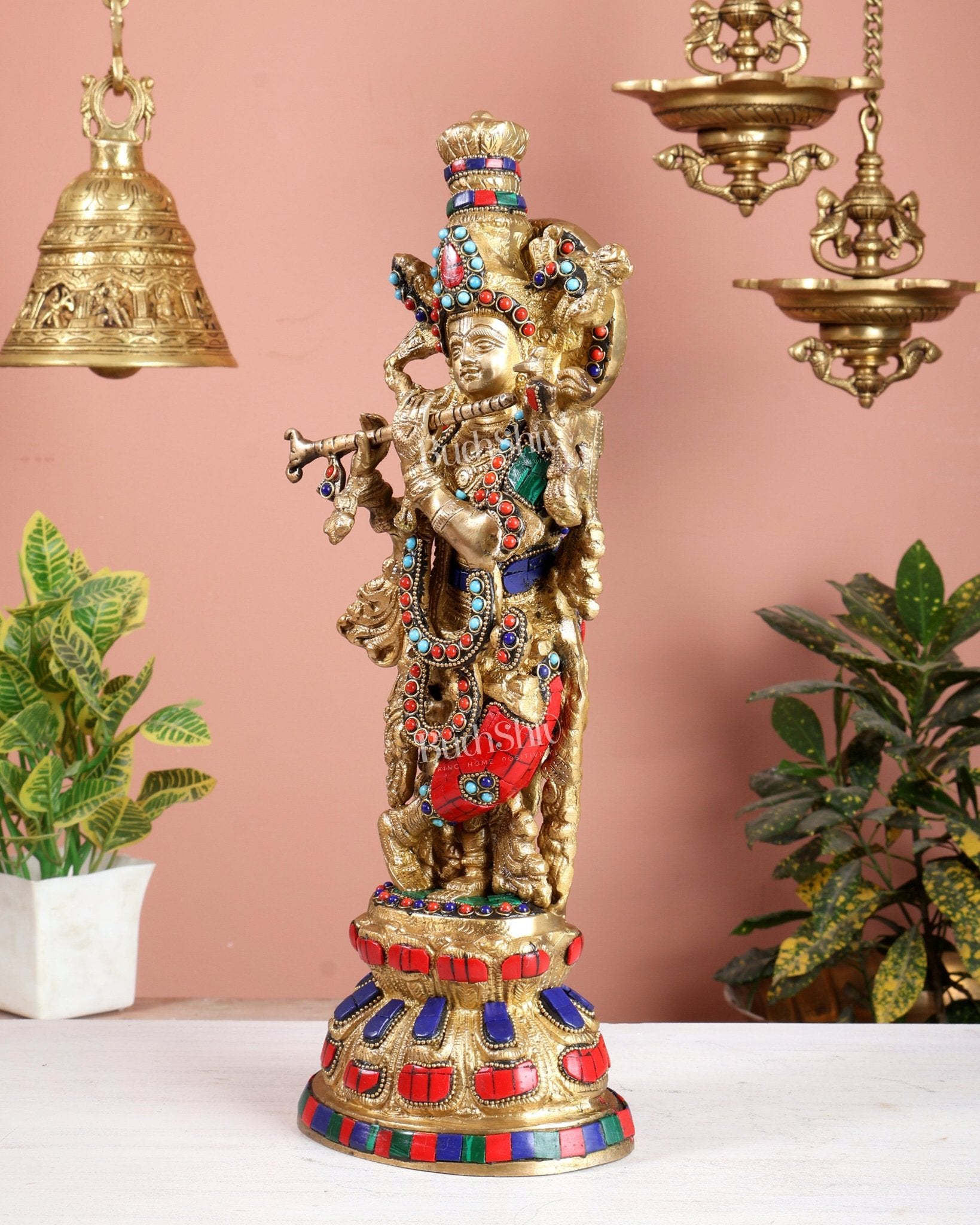 Colourful Brass Krishna Idol with Stonework - 15" - Budhshiv.com