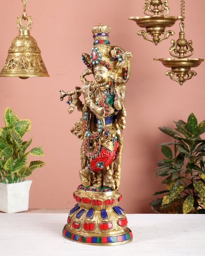 Colourful Brass Krishna Idol with Stonework - 15" - Budhshiv.com