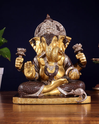 Dagdusheth Ganapati Brass Statue 9 inch three tone - Budhshiv.com