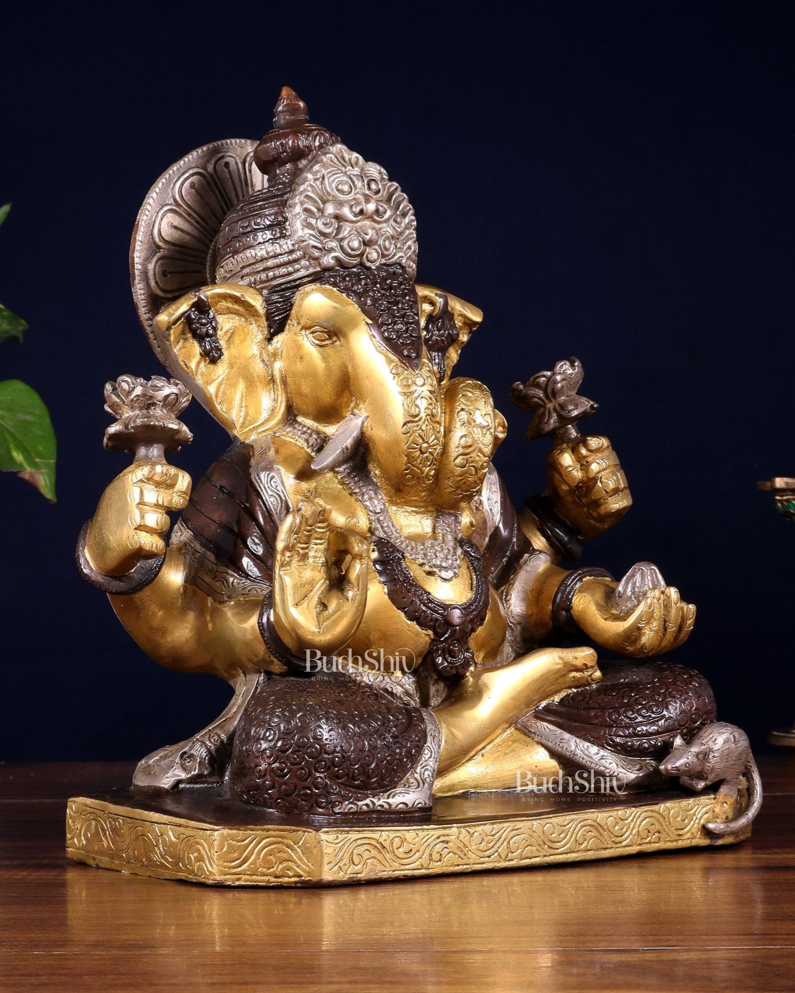 Dagdusheth Ganapati Brass Statue 9 inch three tone - Budhshiv.com