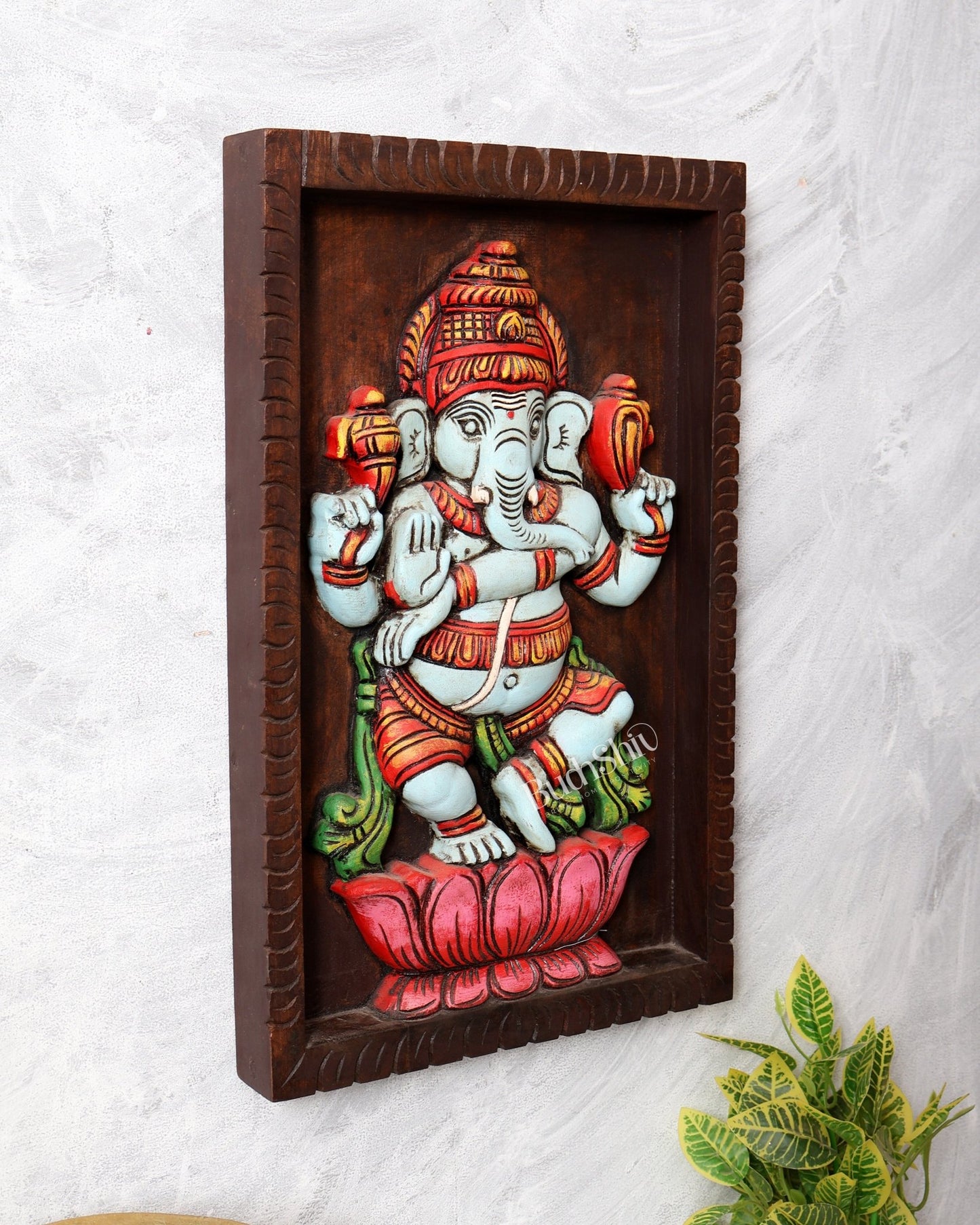 Dancing Ganesha on Lotus - Handcrafted & Hand - Painted Wooden Wall Hanging Panel 18" - Budhshiv.com