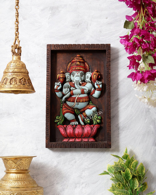 Dancing Ganesha on Lotus - Handcrafted & Hand - Painted Wooden Wall Hanging Panel 18" - Budhshiv.com