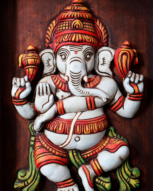 Dancing Ganesha on Lotus - Handcrafted & Hand - Painted Wooden Wall Hanging Panel 18" - Budhshiv.com