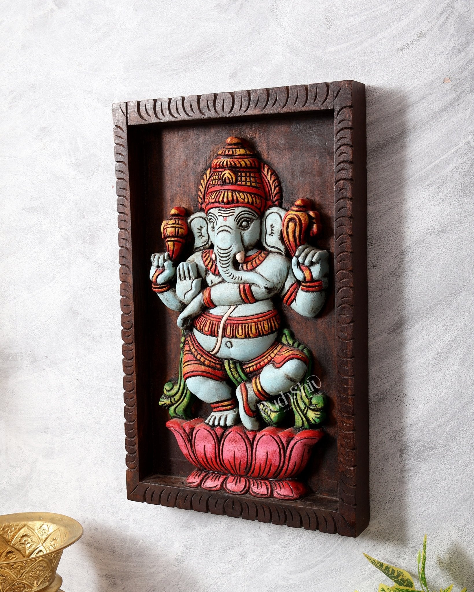 Dancing Ganesha on Lotus - Handcrafted & Hand - Painted Wooden Wall Hanging Panel 18" - Budhshiv.com