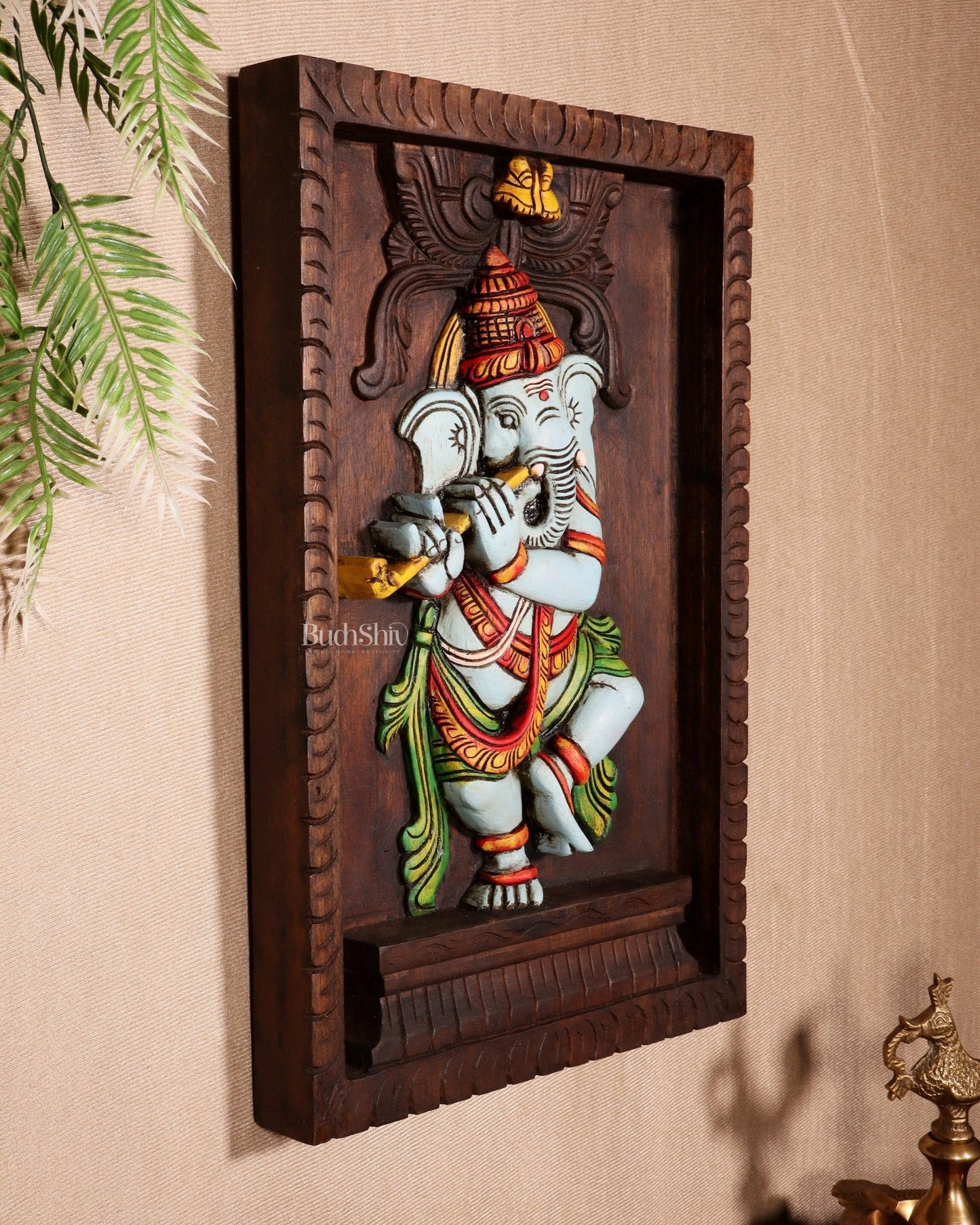Dancing Ganesha Playing Flute – Handcrafted & Hand - Painted Wooden Wall Hanging Panel 18" - Budhshiv.com
