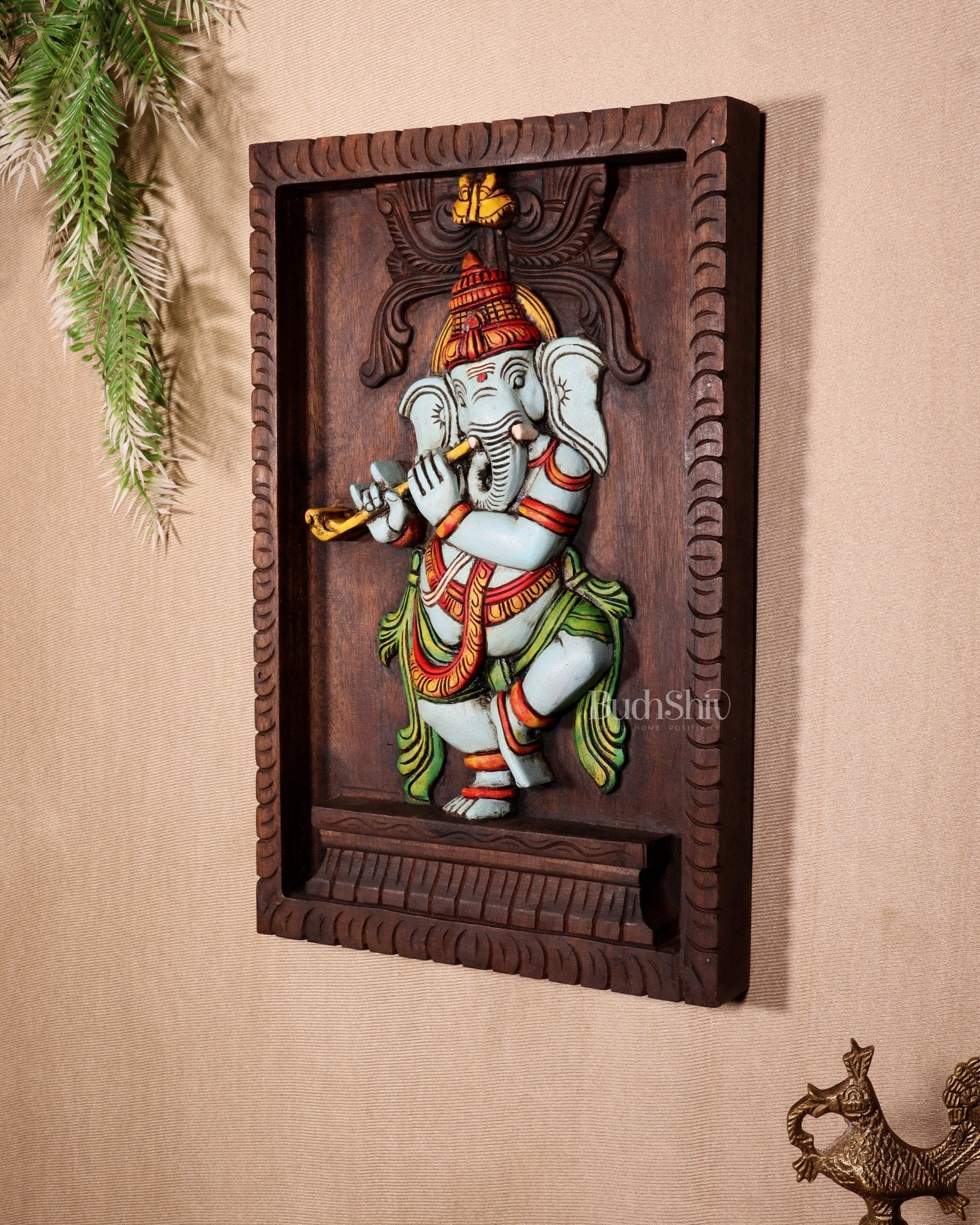 Dancing Ganesha Playing Flute – Handcrafted & Hand - Painted Wooden Wall Hanging Panel 18" - Budhshiv.com