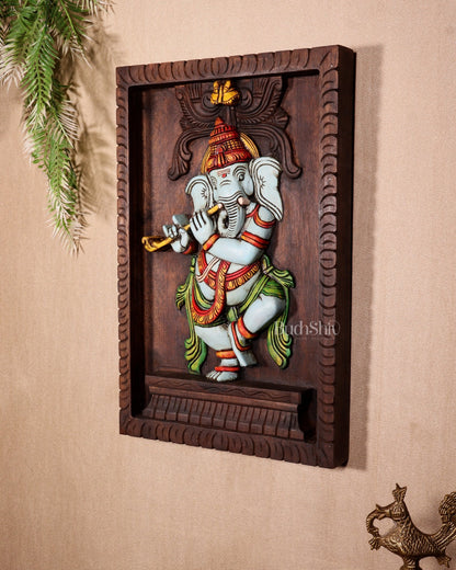 Dancing Ganesha Playing Flute – Handcrafted & Hand - Painted Wooden Wall Hanging Panel 18" - Budhshiv.com