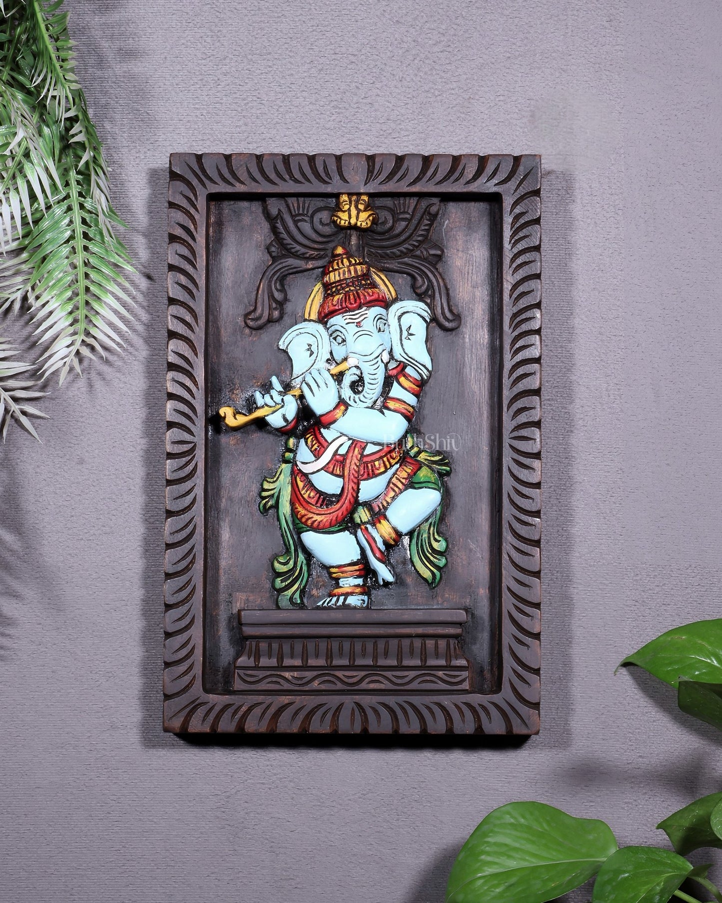 Dancing Ganesha Playing Flute – Handcrafted & Hand - Painted Wooden Wall Hanging Panel 18" - Budhshiv.com