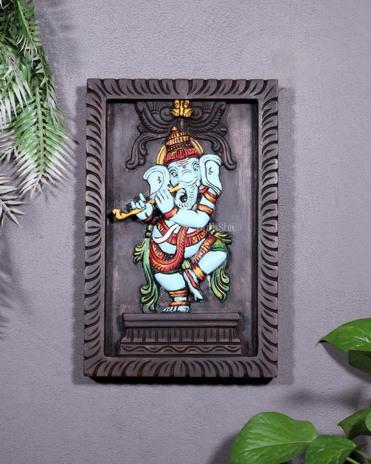 Dancing Ganesha Playing Flute – Handcrafted & Hand - Painted Wooden Wall Hanging Panel 18" - Budhshiv.com