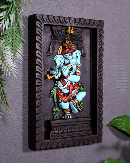 Dancing Ganesha Playing Flute – Handcrafted & Hand - Painted Wooden Wall Hanging Panel 18" - Budhshiv.com