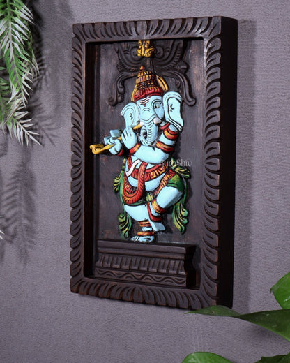 Dancing Ganesha Playing Flute – Handcrafted & Hand - Painted Wooden Wall Hanging Panel 18" - Budhshiv.com