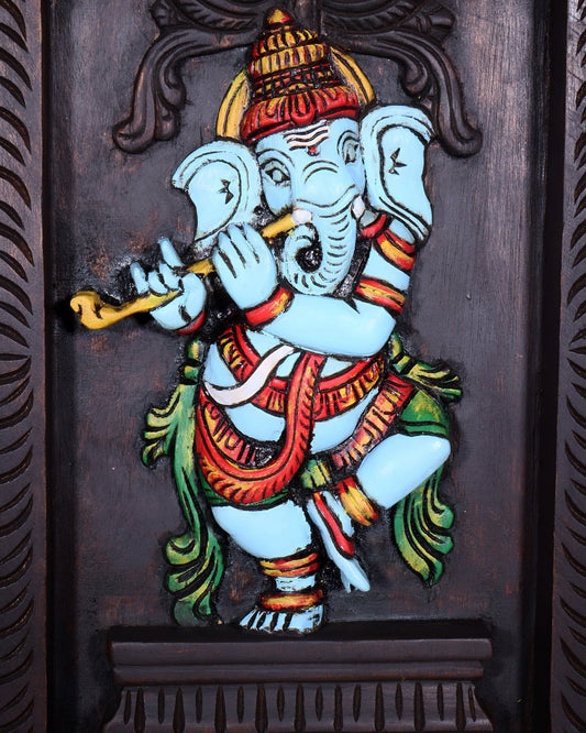 Dancing Ganesha Playing Flute – Handcrafted & Hand - Painted Wooden Wall Hanging Panel 18" - Budhshiv.com