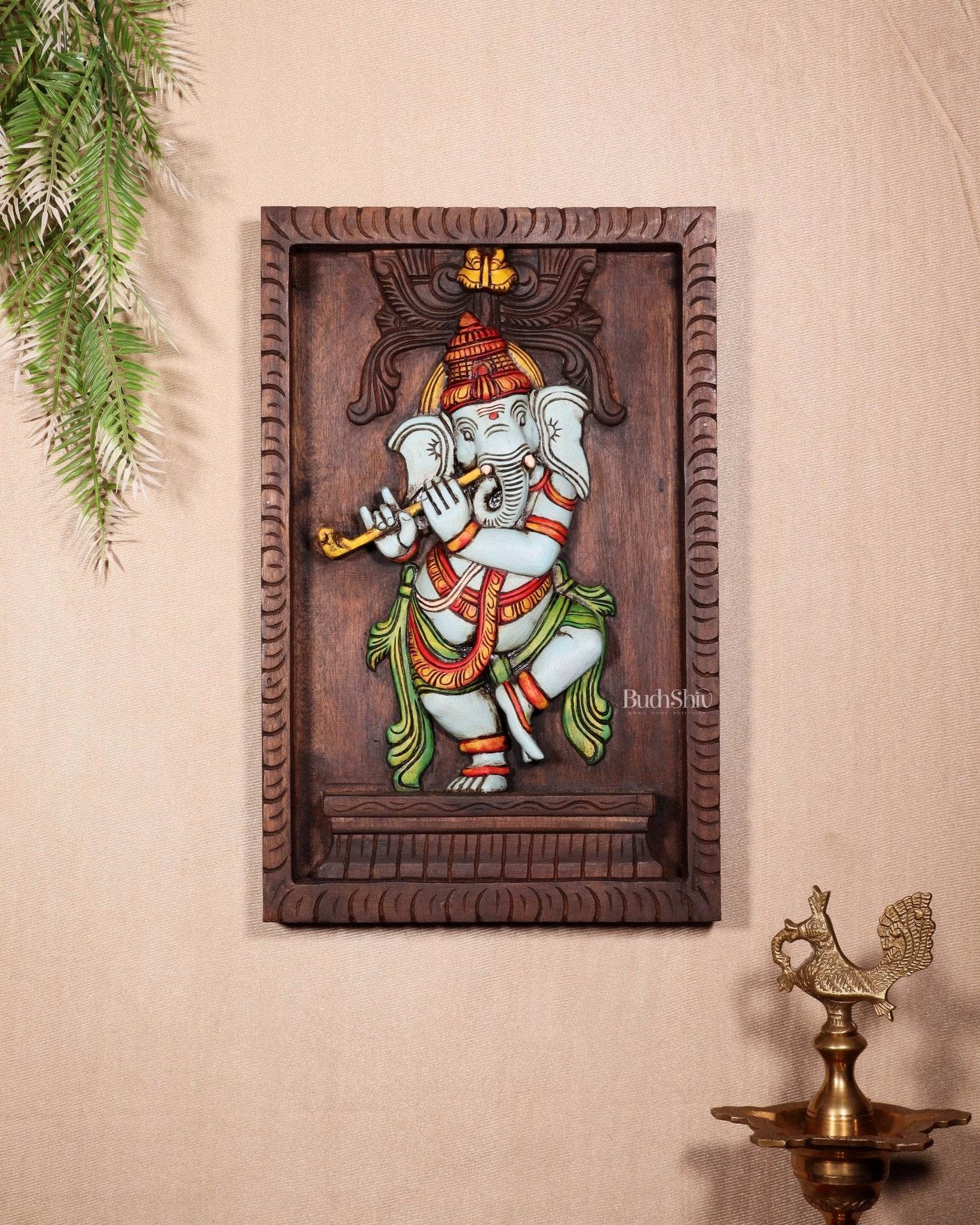 Dancing Ganesha Playing Flute – Handcrafted & Hand - Painted Wooden Wall Hanging Panel 18" - Budhshiv.com