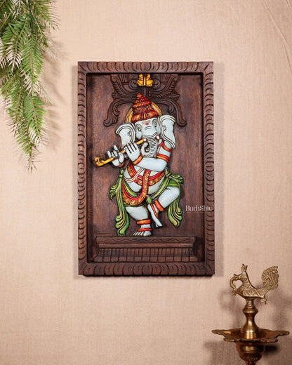 Dancing Ganesha Playing Flute – Handcrafted & Hand - Painted Wooden Wall Hanging Panel 18" - Budhshiv.com