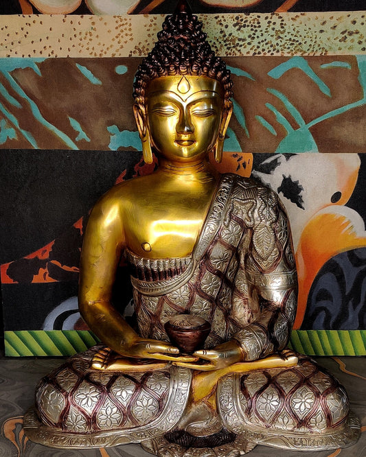 Deep Meditation: Buddha Brass Idol with Medicine Bowl 17 inch - Budhshiv.com