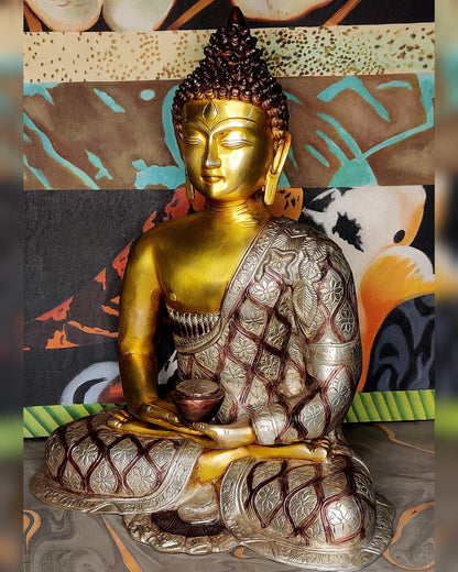 Deep Meditation: Buddha Brass Idol with Medicine Bowl 17 inch - Budhshiv.com