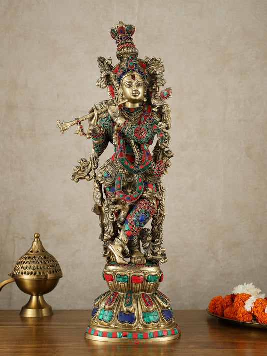 Divine Brass Krishna Playing Flute Statue - 24 Inches - Budhshiv.com