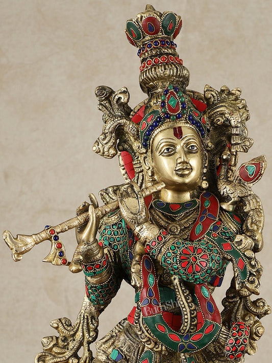 Divine Brass Krishna Playing Flute Statue - 24 Inches - Budhshiv.com