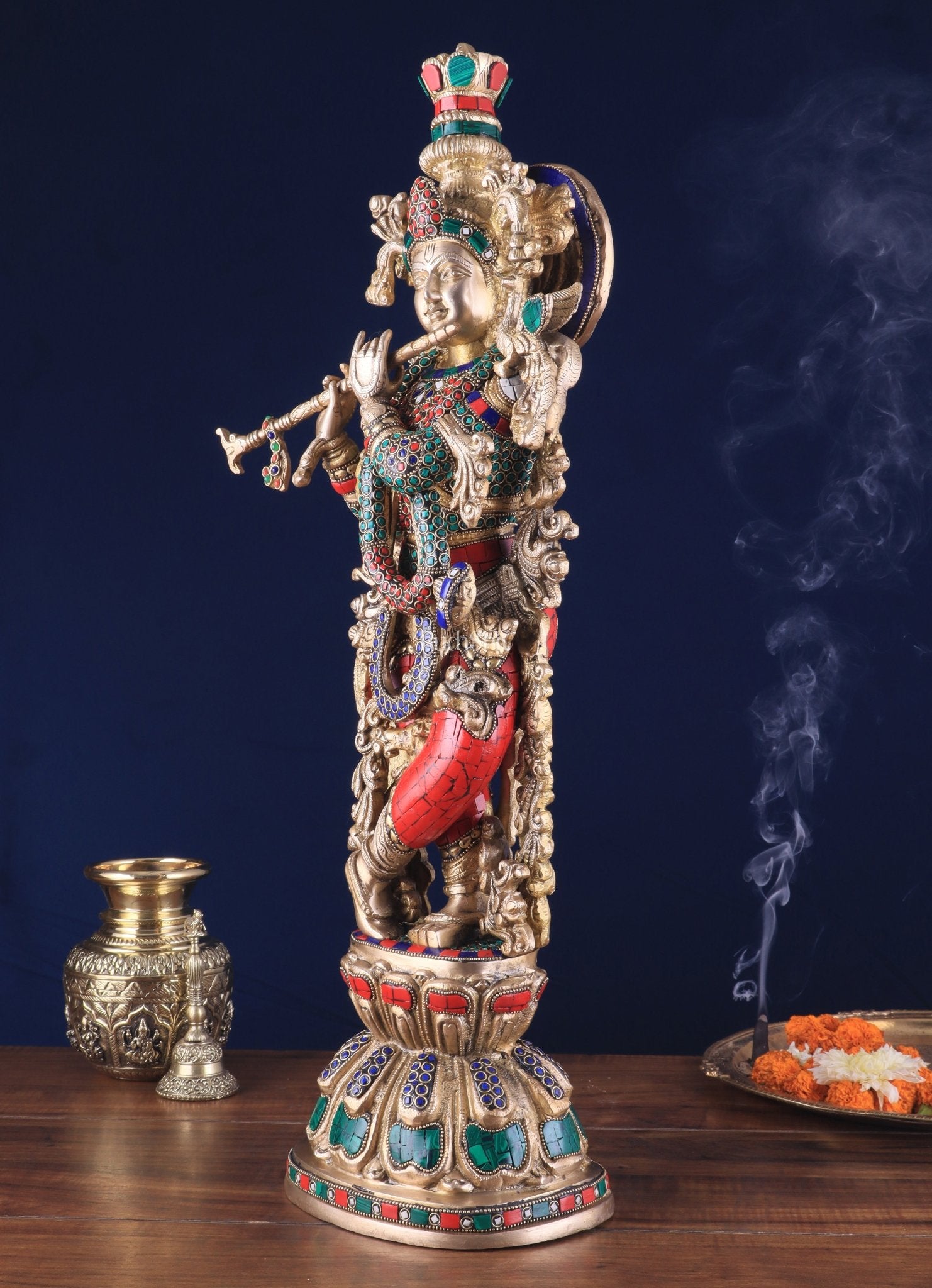 Divine brass Krishna Statue with stonework 25 inch - Budhshiv.com