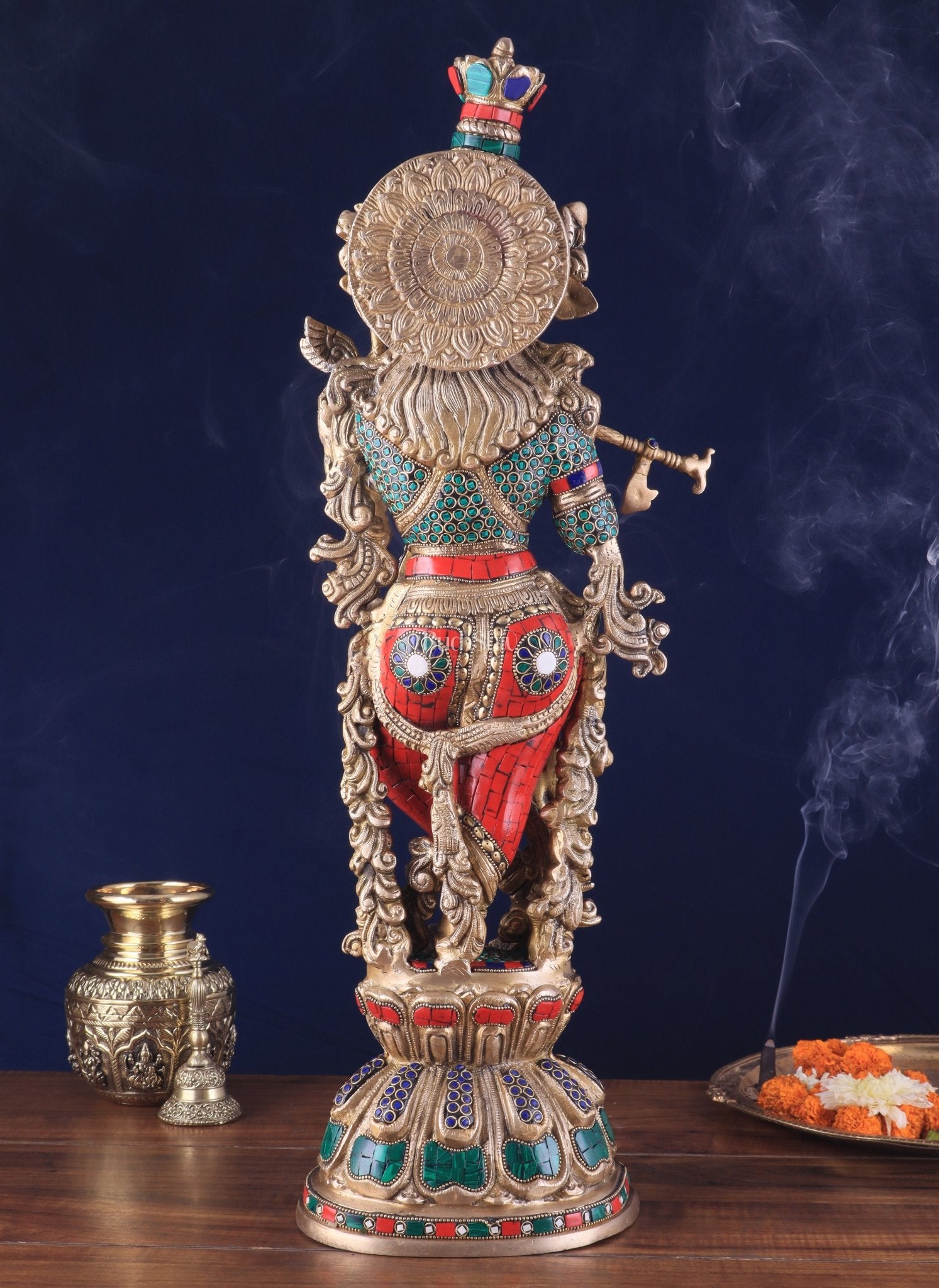 Divine brass Krishna Statue with stonework 25 inch - Budhshiv.com