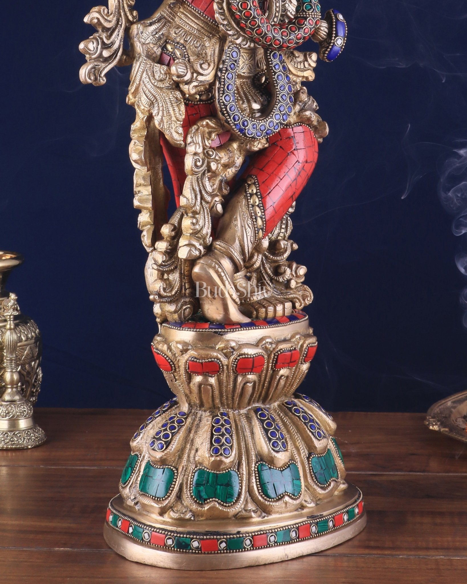 Divine brass Krishna Statue with stonework 25 inch - Budhshiv.com