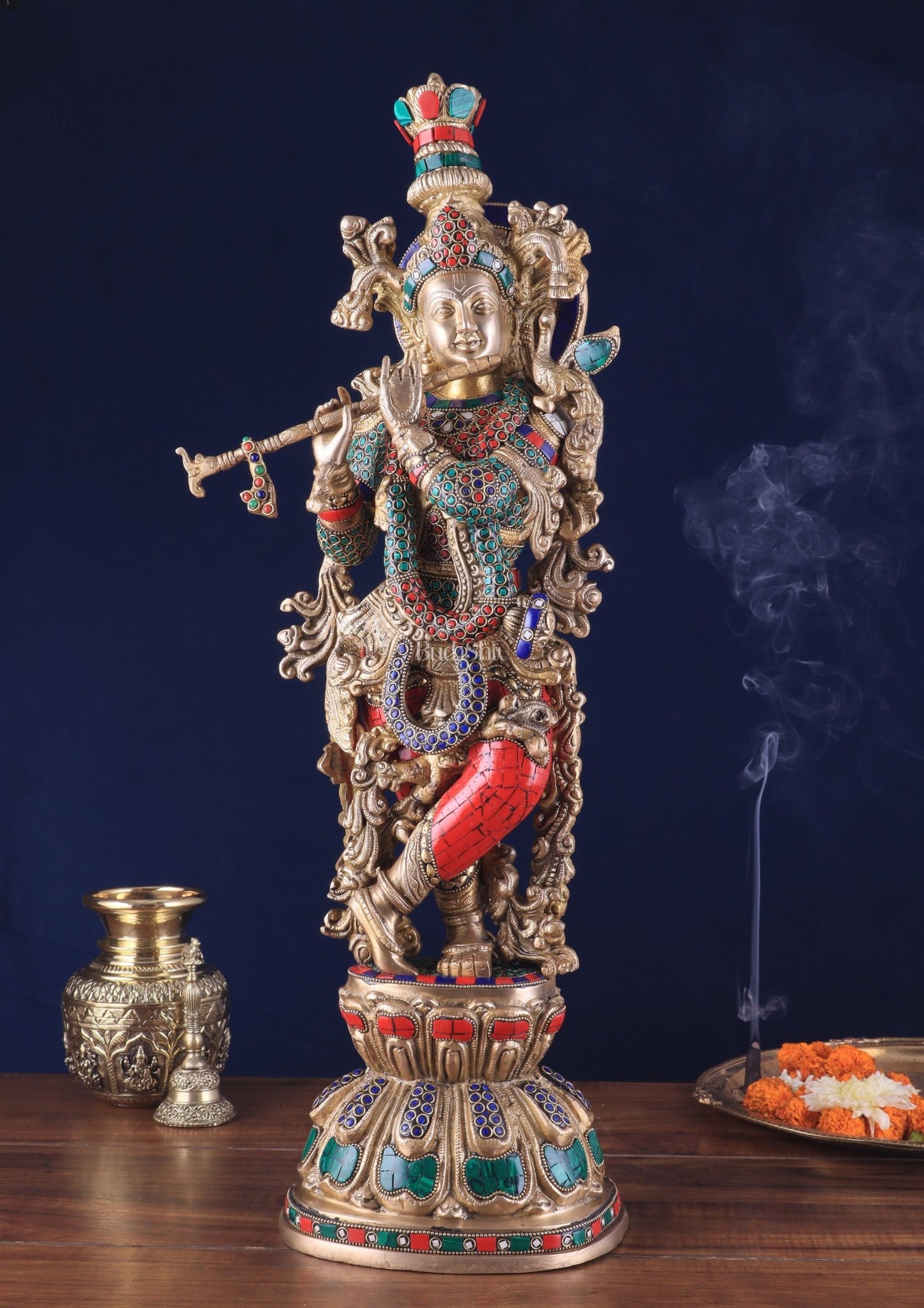 Divine brass Krishna Statue with stonework 25 inch - Budhshiv.com