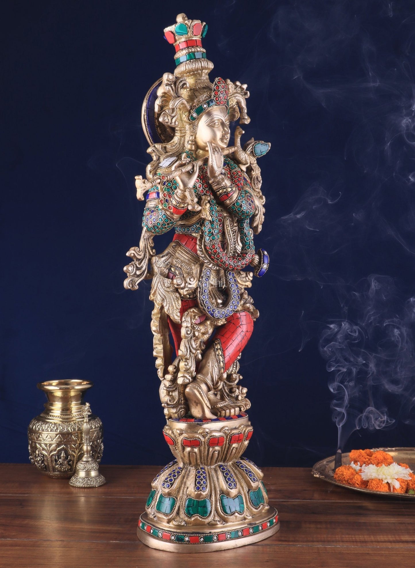 Divine brass Krishna Statue with stonework 25 inch - Budhshiv.com