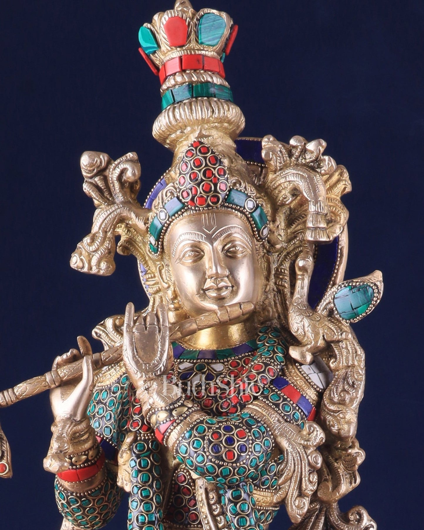 Divine brass Krishna Statue with stonework 25 inch - Budhshiv.com